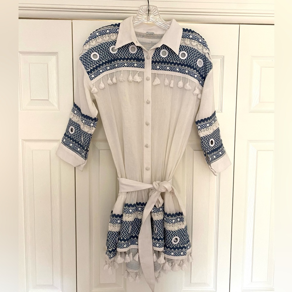 Women's Dodo Bar Or White Blue Crochet Trim Pom Pom Romper